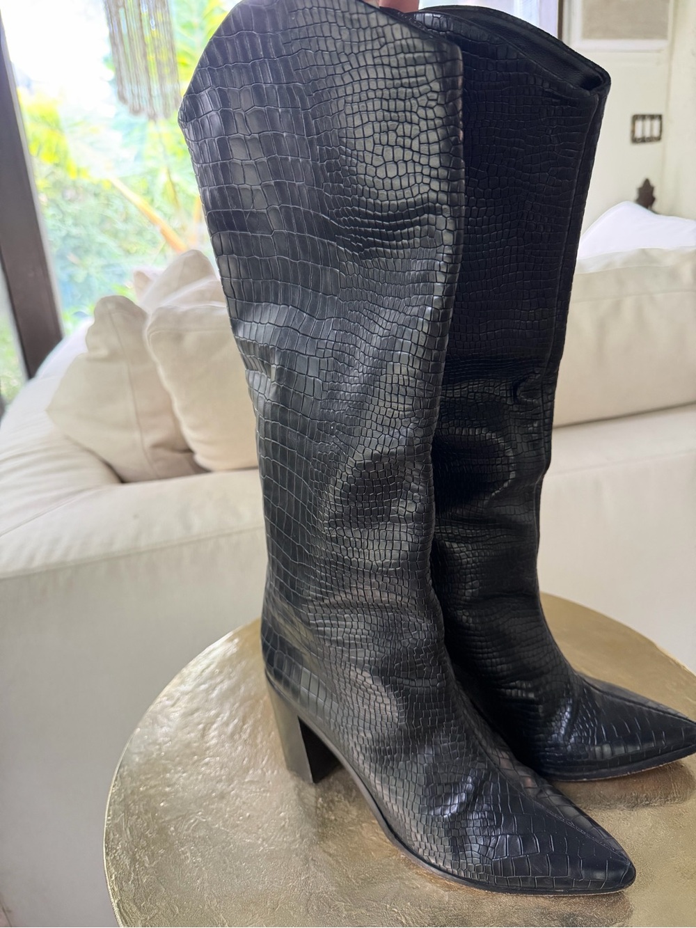 SCHUTZ Black Croc-Embossed Pointed-Toe Knee-High Boots
